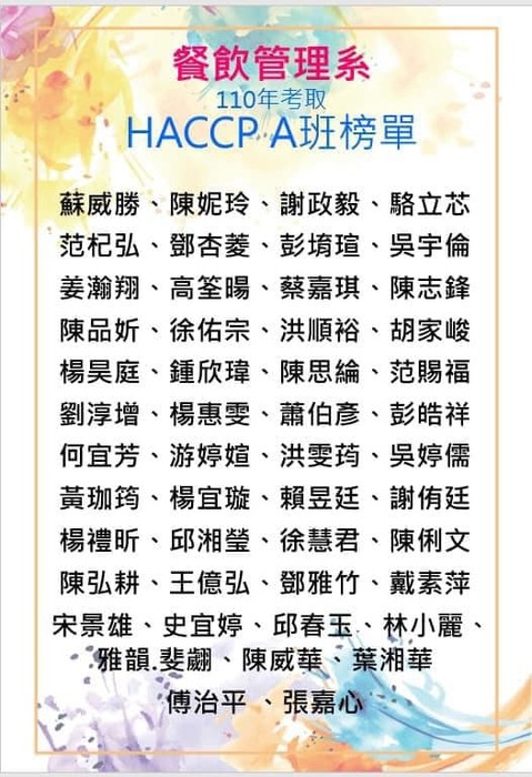 餐飲系110年HACCP榜單